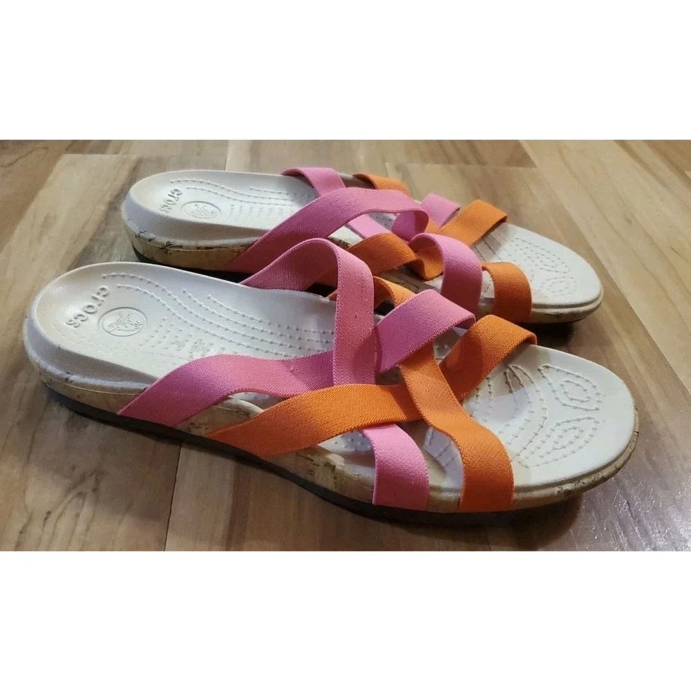 Crocs Edie Stretch Sandals Womens 10 Pink Orange‎ Slides Criss Cross Straps